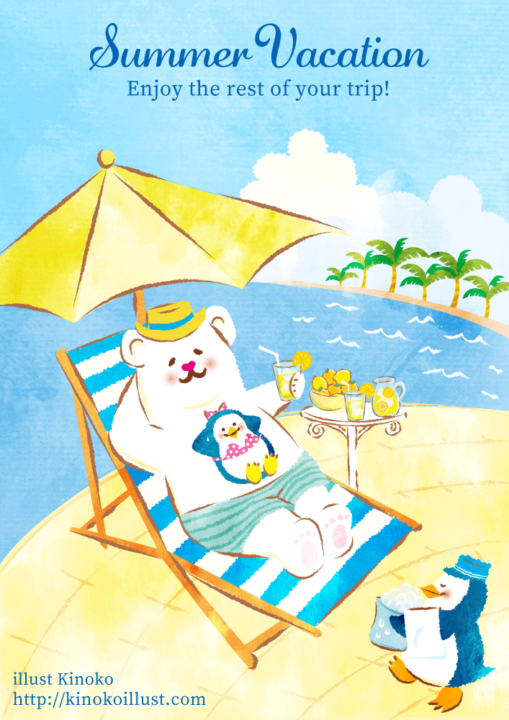 プールサイドでビーチチェアーに寝転びレモネードを飲む白クマとペンギンの水彩画風手描きタッチのイラスト。