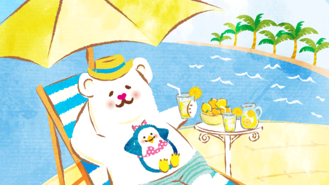 プールサイドでビーチチェアーに寝転びレモネードを飲む白クマとペンギンの水彩画風手描きタッチのイラスト。