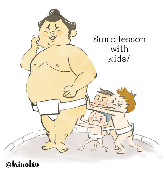 土俵の上で大きなお相撲さんを子供達3人が一生懸命押している、水彩風手描きタッチのイラスト。