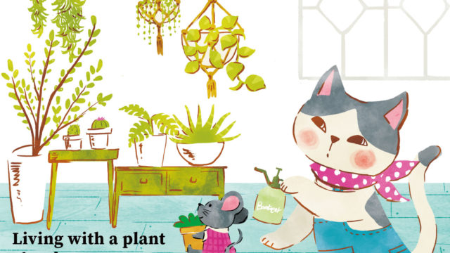 植物に霧吹きをかけようとしている、八われ柄の猫と、植木鉢を書かて座るネズミの水彩画風手描きタッチのイラスト。