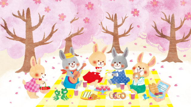 うさぎ5匹が桜並木を背景にスイーツを囲ってお花見をしている、ほのぼの絵本タッチのイラスト
