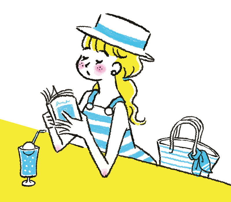 クリームソーダを飲みながら、 読書をするカンカン帽子をかぶったマリン柄の服を着た女の子のイラスト