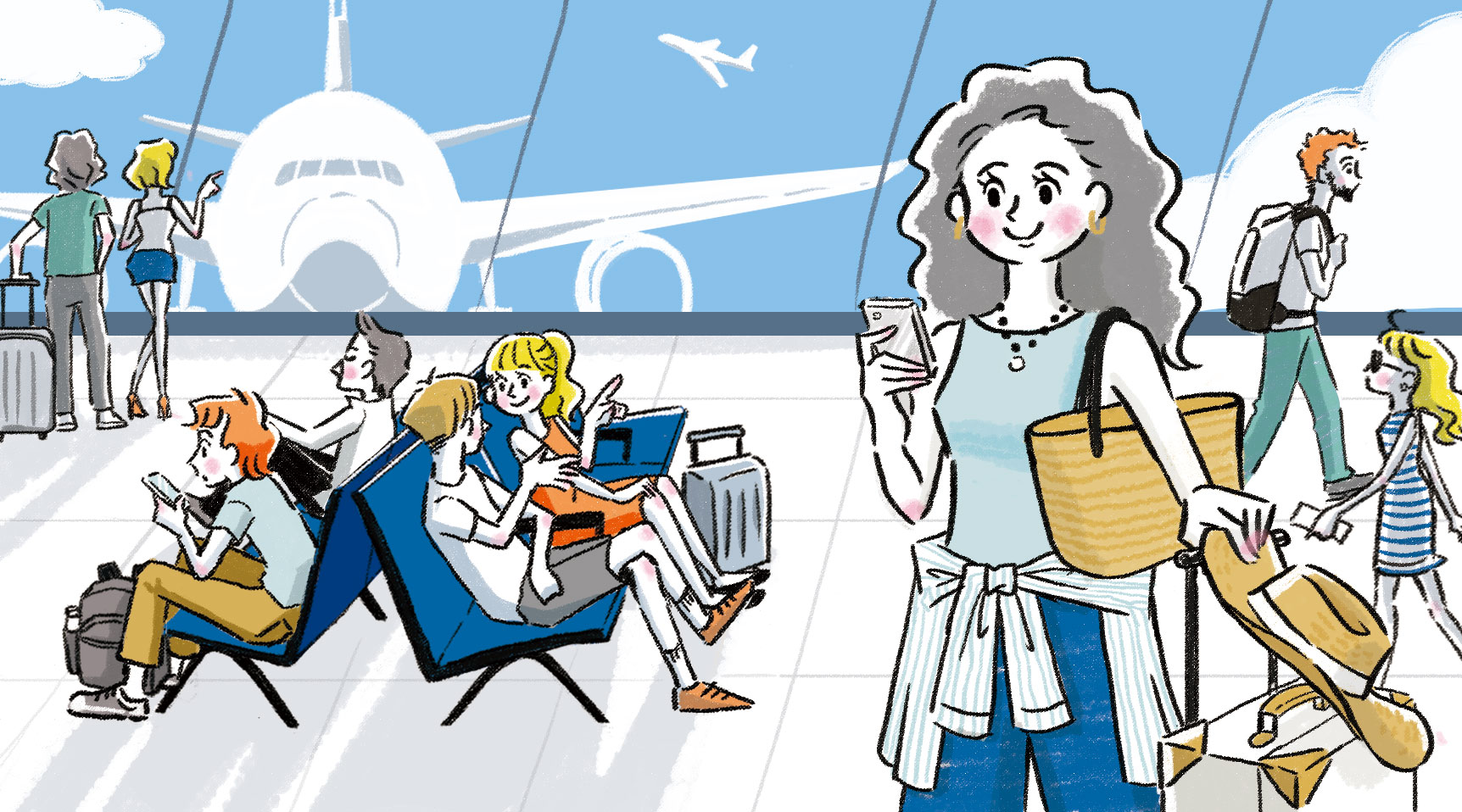 空港のロビーで、スマホを見ながら確認中の旅行に行こうとする女性のイラスト。