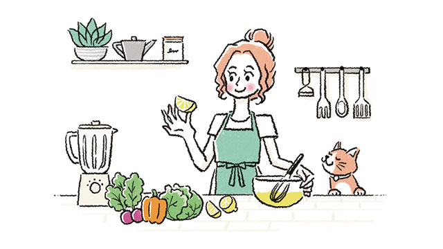 料理をする女性のイラスト。 ミキサーや野菜が並んだキッチンで レモンをボールにしぼり入れようとする女性。猫がのぞいている。
