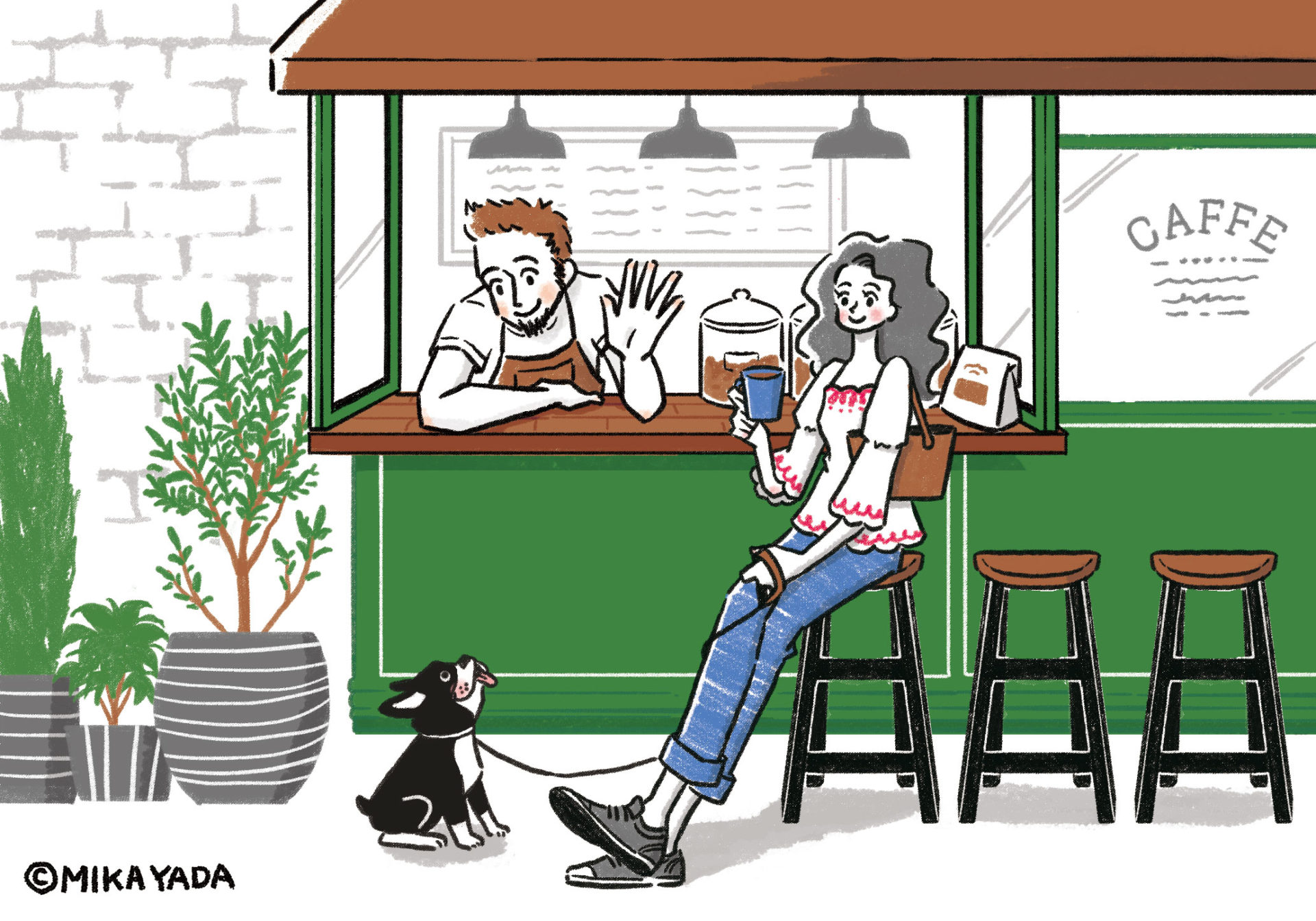 テイクアウトのカフェ・ショップ。 犬の散歩のついでに行きつけのカフェでコーヒーを一杯飲む女性と犬に挨拶をするカフェの男性のイラスト。