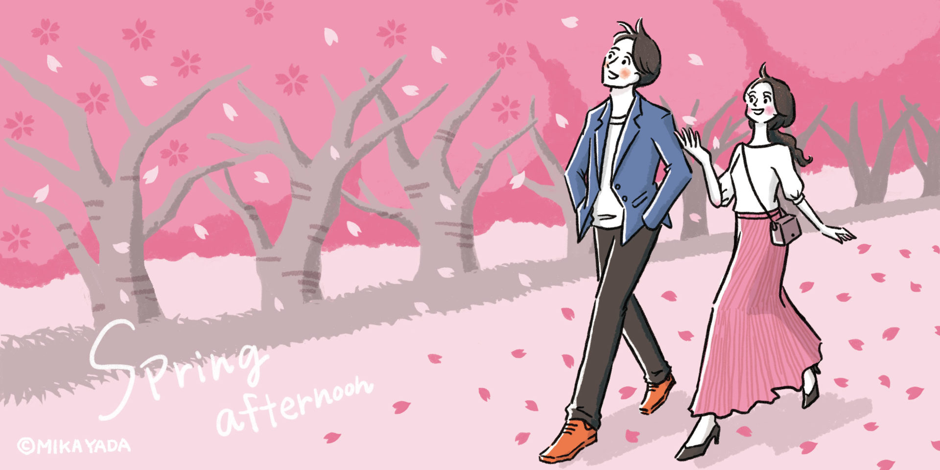 Spring afternoon　春の昼下がりのイラストイメージ。 桜が舞い散る、桜並木を男女のカップルが散歩しているイメージ。