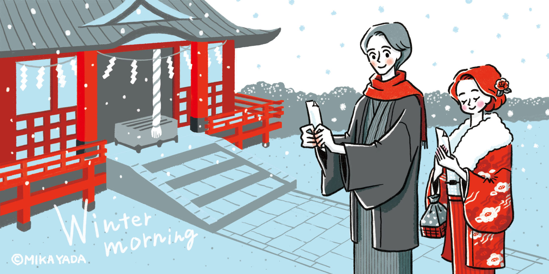Winter morning　冬の朝のイラストイメージ。 お正月、初詣の朝に神社でおみくじを見ているカップルのイラスト。