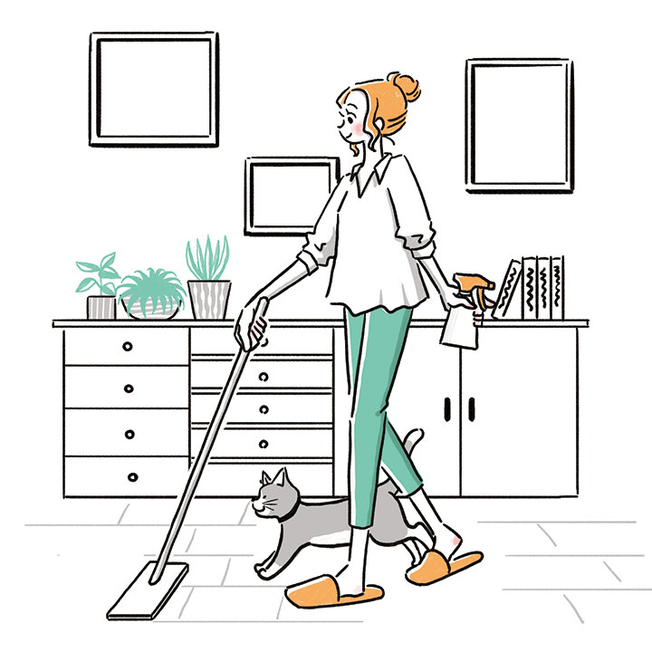 フローリングの拭き掃除をする女性のイラストカット。 快適に家の掃除をするイメージ。