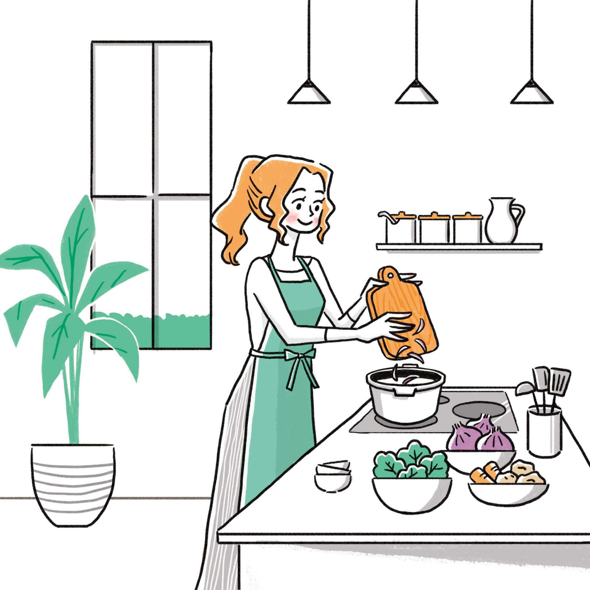 キッチンで料理をする女性のイラストカット。 お鍋に材料を入れるシーン。