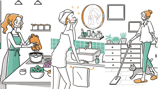 料理、美容チェック、フローリング掃除をしている女性のイラストイメージ