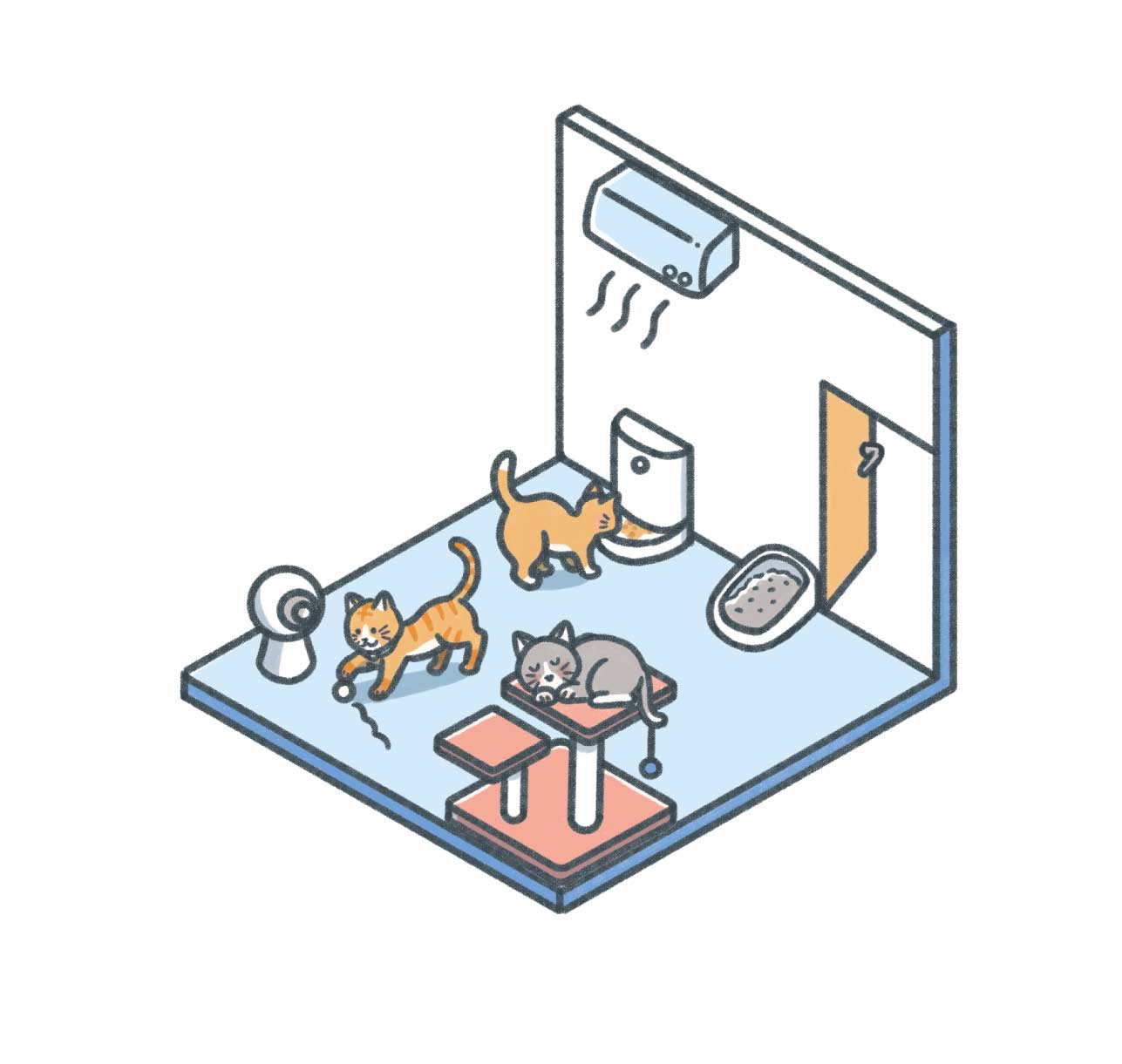 猫のいる部屋の俯瞰図のイラスト