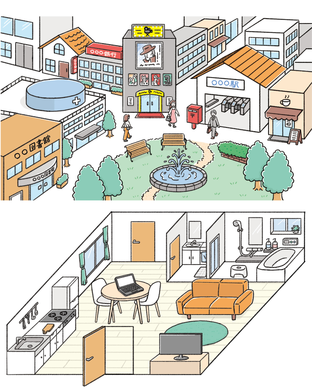 矢田ミカが制作した英検教材の俯瞰図イラスト紹介