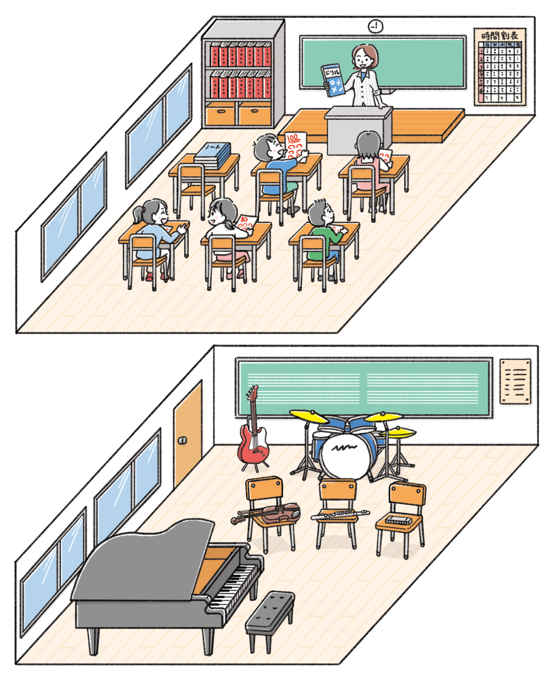 矢田ミカが制作した学校教室の俯瞰図イラスト紹介